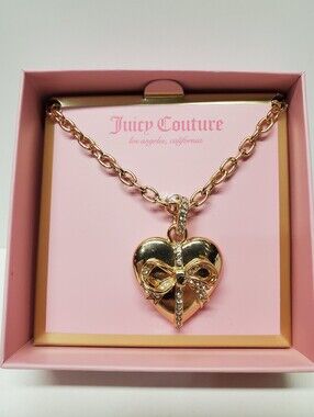 Juicy Couture Gold Heart Locket Necklace with Bow and Crystals